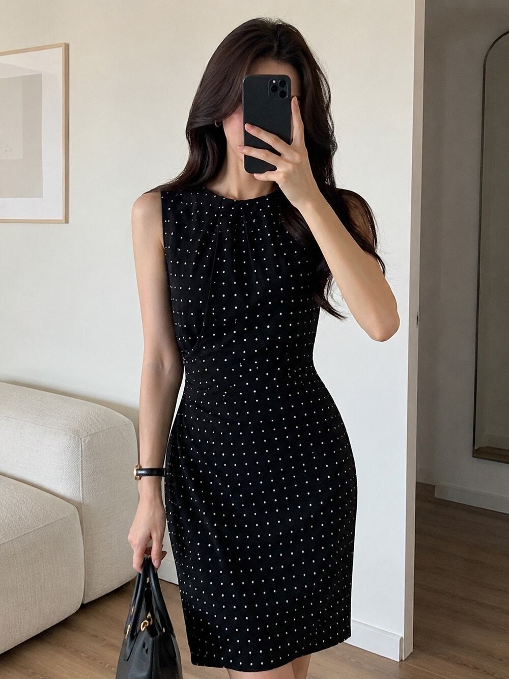 Ann Taylor Black White Polka Dot Pleat Sheath Dress Small Retro Career Old Money
